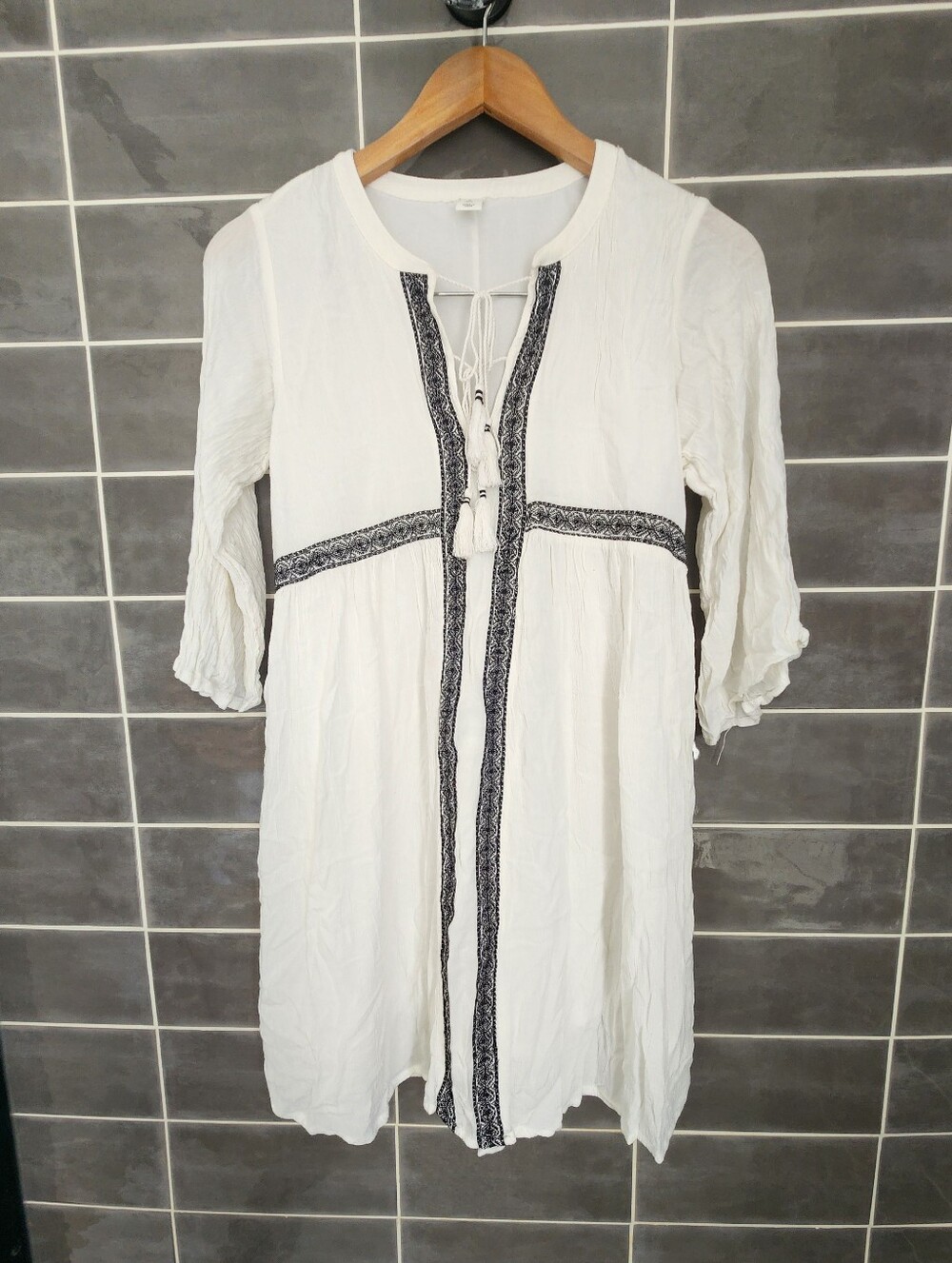 Old Navy White Tunic with Black Embroidered Trim and Tassels